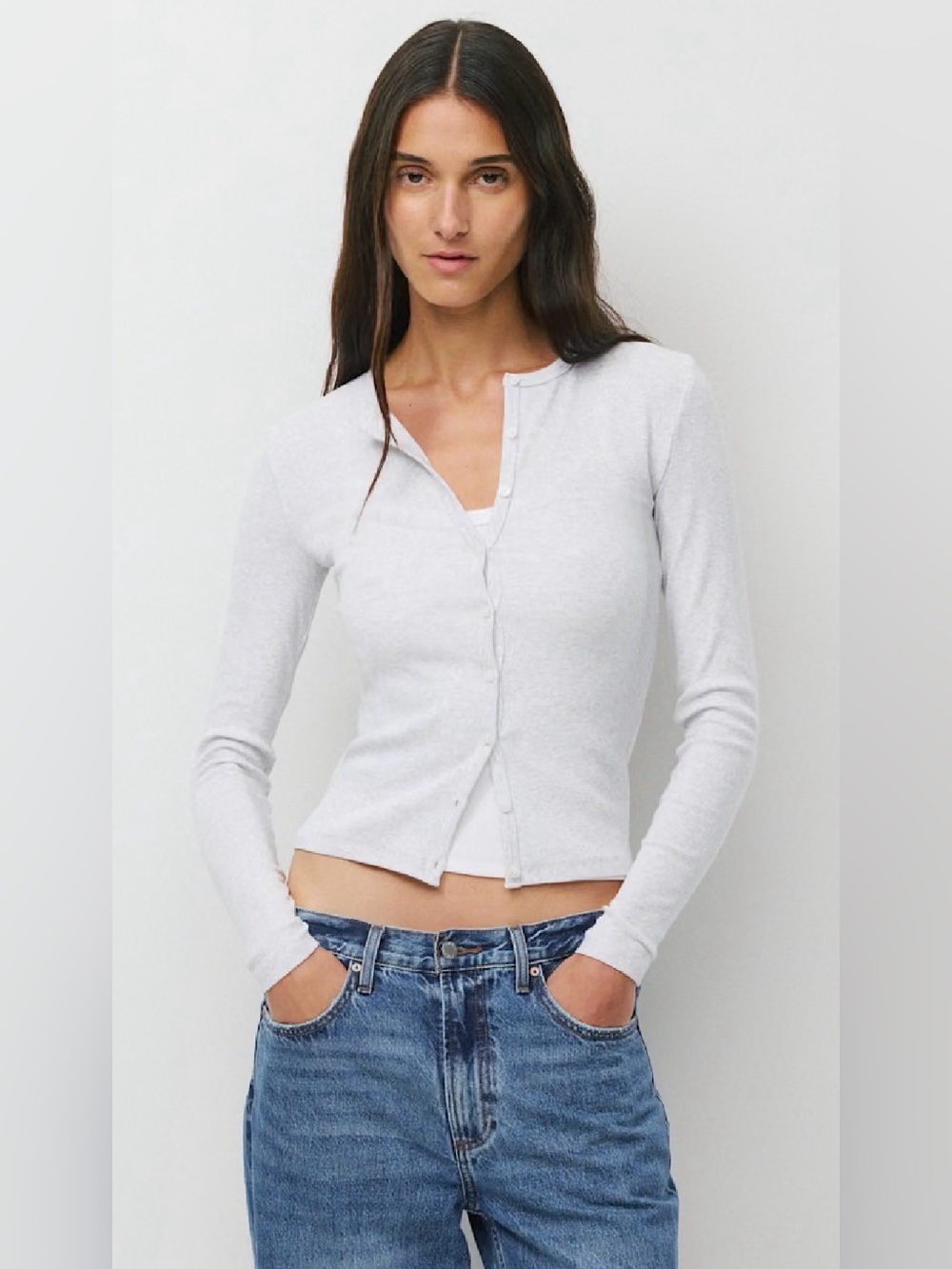 Aritzia Home Stretch Rib Crew button up in Heather Chrome size Small